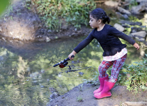 Rachell Navaro, 3, of Greenbelt, fishes with her family at the northern forebay of Greenbelt Lake on Wednesday. The two forebays will be dredged this summer to help with storm water management.  Photo by Jill Connor 