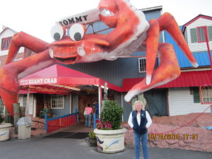 Donna gets ready to dine at the Giant Crab Restaurant.