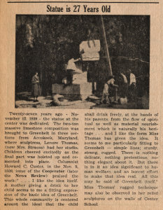 Scan of the original newsprint from 1966. The figure of Lenore Thomas, Mother and Child sculptress, emerges from the background (left)