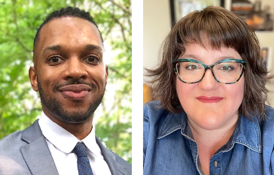 Two side-by-side profile shots. One shows a Black man wearing a gray suit in front of an outdoor backdrop with trees. The other shows a brown-haired white woman with glasses and a blue collared shirt, against an indoor background.