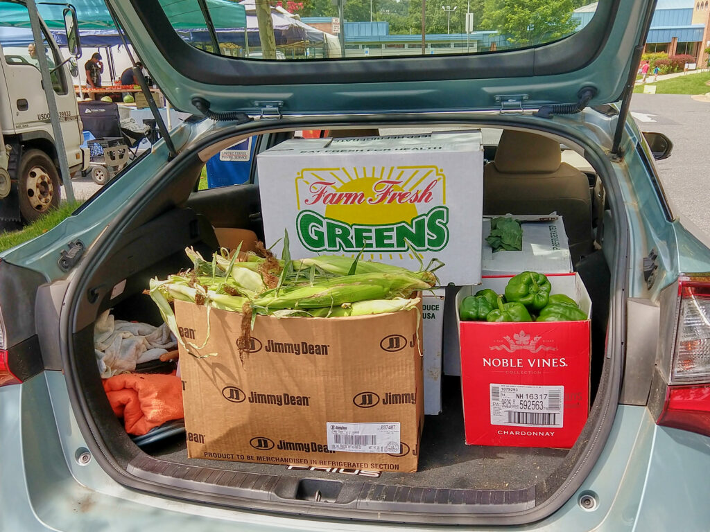 Several boxes of food, including a box of corn on the cob and a box of green bell peppers, sit in the back of a hatchback car.