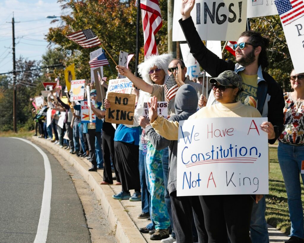 People stand on the curb by a roadside, holding USA flags and protest signs. In the foreground, a sign reads "We Have a Constitution, Not a King" in red and blue letters on a white background. Farther back, someone holds a sign saying "NO KING" in black letters on brown cardboard.