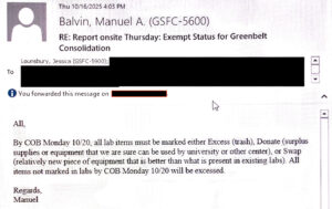 Screenshot of an email sent by management to a group of Goddard employees. directing them to