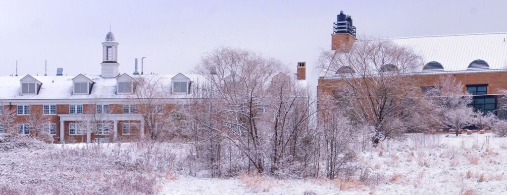 Two wide brown buildings with peaked roofs dusted with white snow. In front of them, the lawn is covered with snow. The buildings are visible through the branches of trees with no leaves.