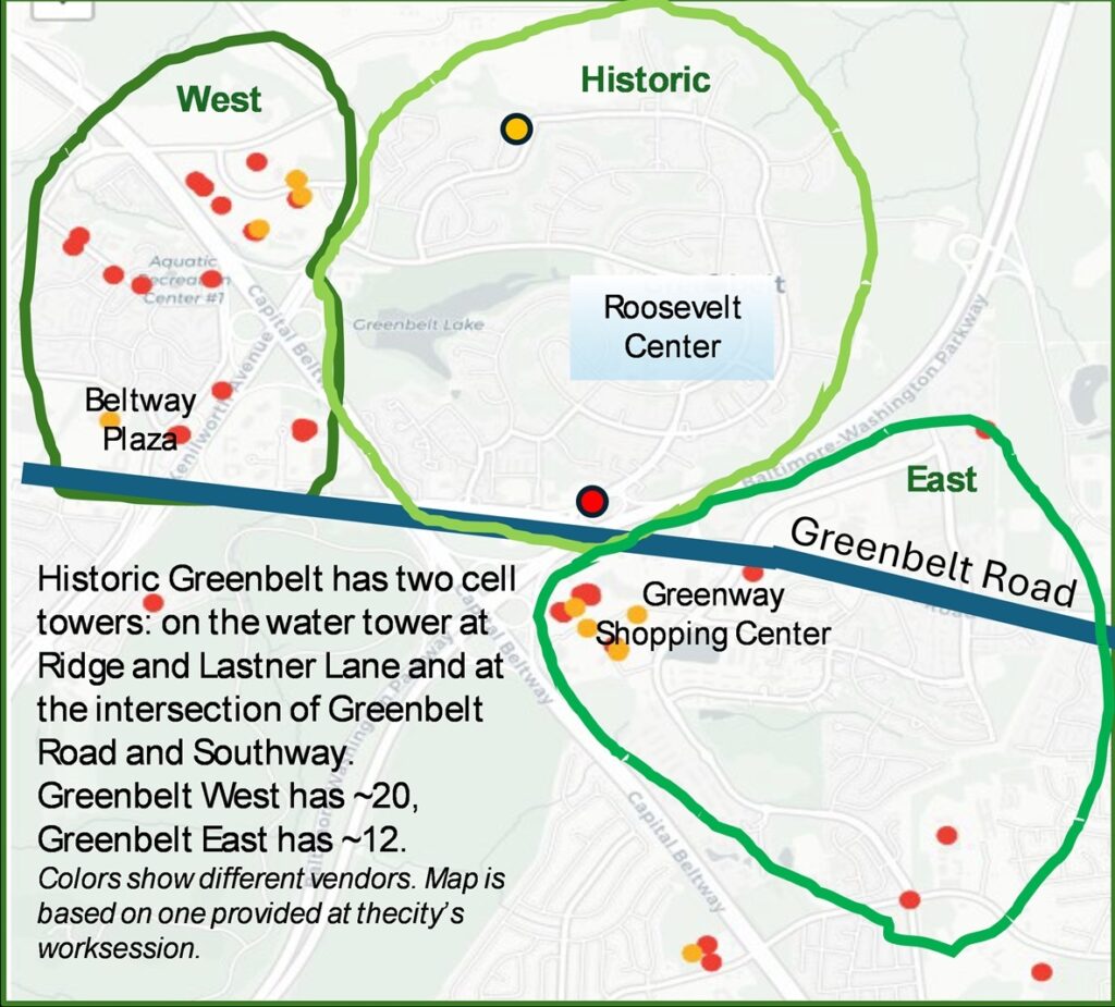 A map of Greenbelt, with Greenbelt Road represented by a heavy dark-blue line. Green circles surround each of the three neighborhoods: West, Historic, and East. Beltway Plaza is labeled within West, Roosevelt Center is labeled within Historic, and Greenway Shopping Center is labeled within East. Inside the West circle are many red dots and a few yellow dots, scattered throughout the neighborhood. Inside the East circle are about four yellow dots and about six red dots: mostly at the west side of the circle, with two at the south side. The Historic circle has one yellow dot at the northern side and one red dot at the southern side. In the lower left of the image, the caption is repeated in black text.