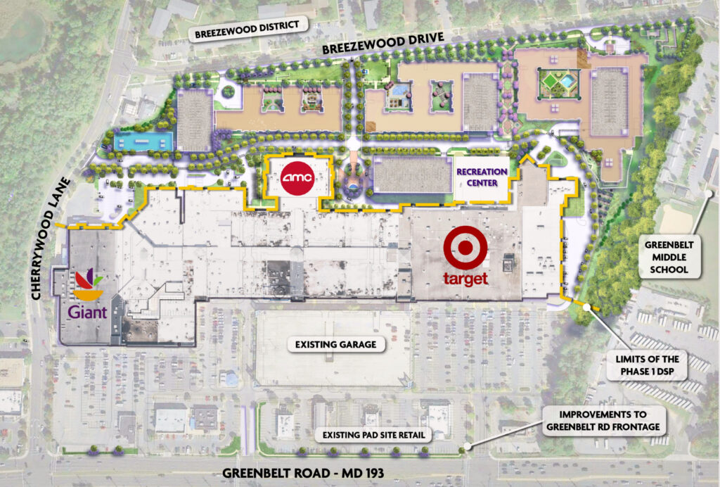 An overhead drawing of the planned Beltway Plaza expansion behind the AMC and Target, with trees surrounding courtyards and new buildings.