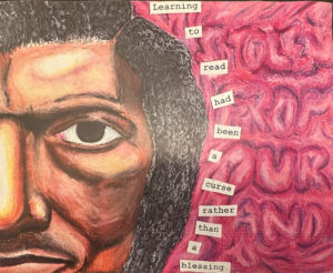 Art piece: at left, the left half of the face of a brown-skinned man with dark hair. At right, a pink background with the swirling light-pink words STOLEN FROM OUR LAND. The man's hair is bordered with cut-out words (black print on white paper) in a curving vertical, reading: "Learning to read had been a curse rather than a blessing."