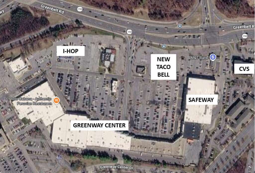 An aerial view photo of Greenway Center, with IHOP, SAFEWAY, and CVS labeled. The NEW TACO BELL proposed spot is labeled: it's diagonal to SAFEWAY, above and to the left, horizontal to the right of IHOP.