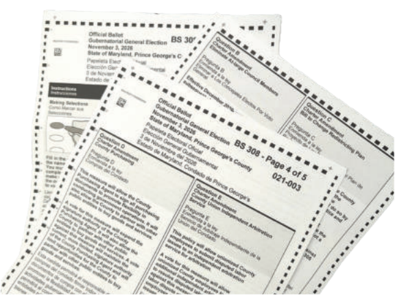 Photo of the overlapping pages of a ballot, printed in black on white paper.