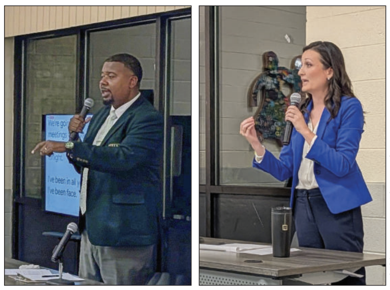 Two side-by-side photos show Clegg (a brown-skinned man with short black hair) and Decaire-Goldin (a light-skinned woman with shoulder-length brown hair). In each photo, the candidate speaks into a handheld microphone and gestures with the other hand.